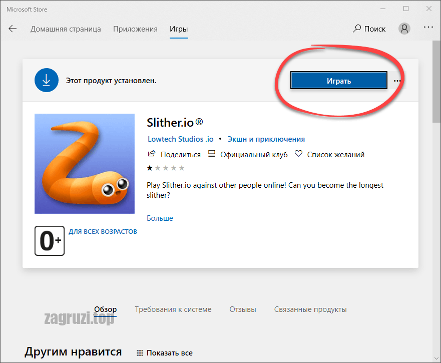 Кнопка запуска Slither.io на Windows 10