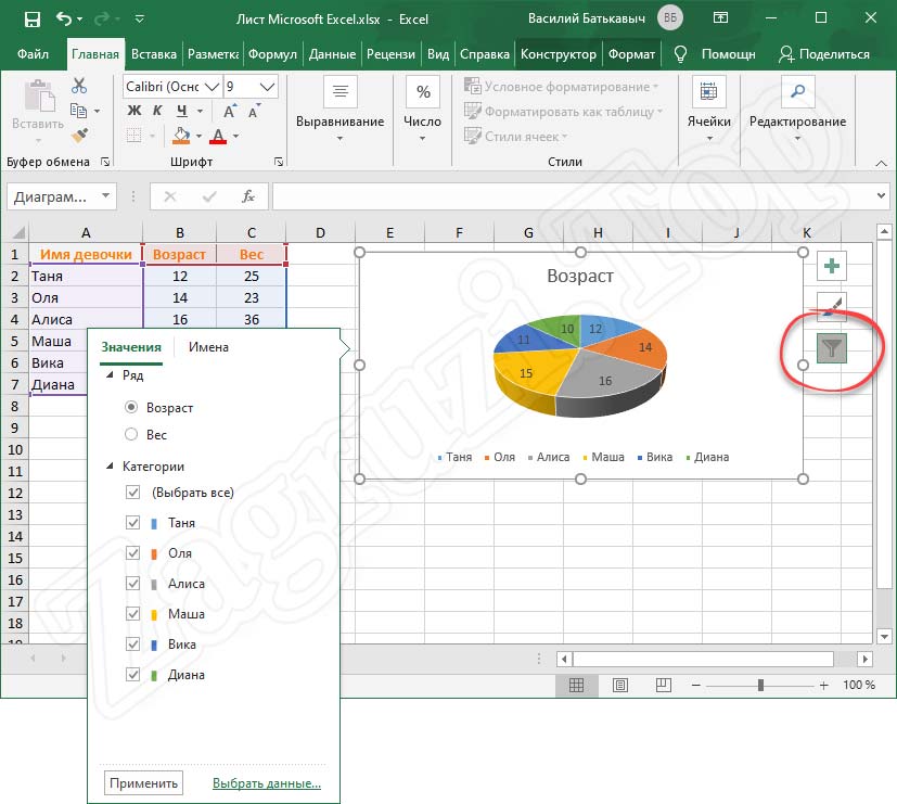 Кнопка фильтров диаграммы Microsoft Excel